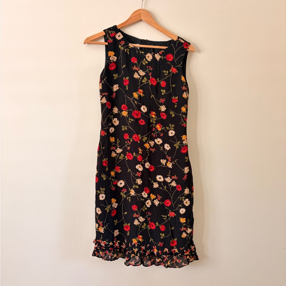 Y2K Donna Ricco Black Floral Midi Dress with Ruffle Hem
